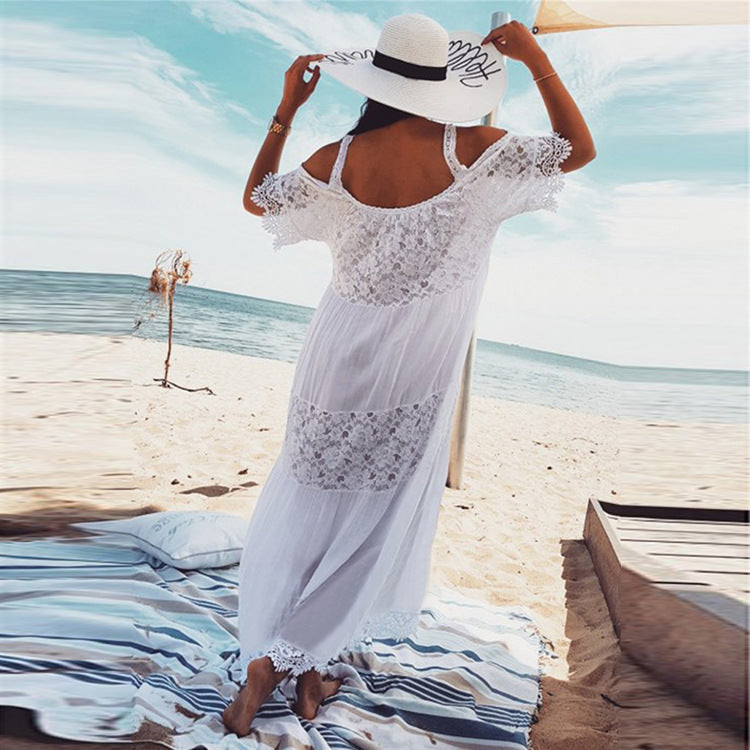 Rayon Stitching Lace Embroidery Beach Cover up Sexy Sling Dress Seaside Bikini Cover Bella Mia